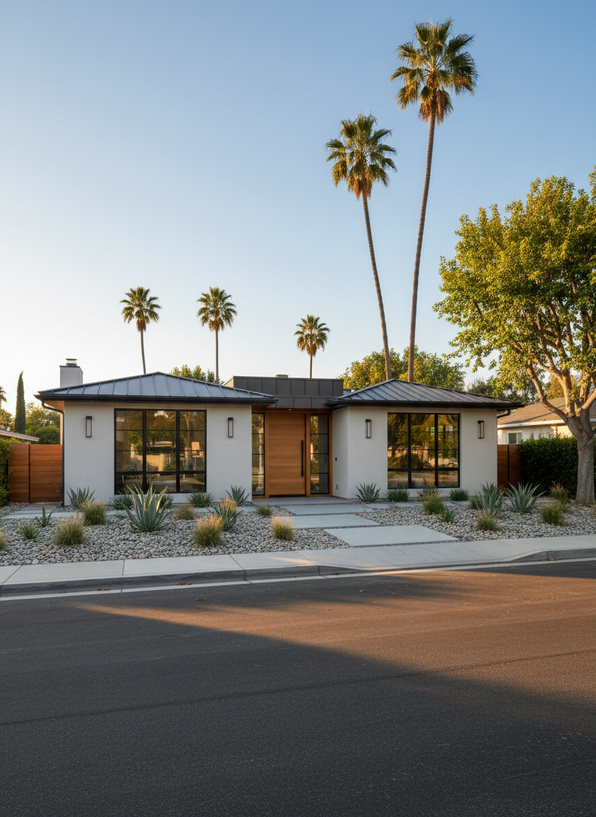 A contemporary California single-family home with clean stucco exterior, dark metal roof accents, and large black-framed windows, set on a quiet suburban street lined with mature palms. The front yard features drought-tolerant landscaping with river rocks, native grasses, and a minimalist concrete walkway leading to a solid wood pivot door. Captured in warm golden hour sunlight, soft shadows emphasize the geometry of the architecture. Shot at eye level with a slight three-quarter angle, the composition follows the rule of thirds and keeps the sky clear and blue. Photographic realism, crisp details, and a professional, polished mood highlight the property’s curb appeal for residential real estate marketing.