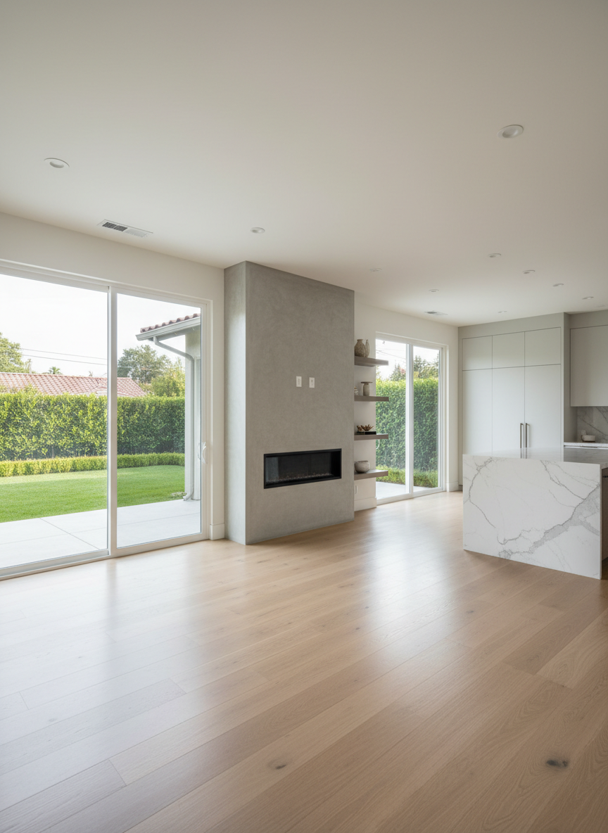 An elegant open-concept living room in a high-value California investment property, featuring wide-plank light oak floors, a sleek built-in gas fireplace with a smooth concrete surround, and expansive sliding glass doors opening to a manicured backyard. A marble waterfall island and minimalist cabinetry from the adjacent kitchen are visible in the background. Soft afternoon natural light floods the space, creating subtle reflections on the floors and surfaces. Shot from a slightly elevated corner, with sharp focus throughout to showcase layout and finishes. The atmosphere is calm, professional, and aspirational, emphasizing move-in-ready quality ideal for investors and discerning home sellers. Photographic realism with a clean, modern aesthetic.