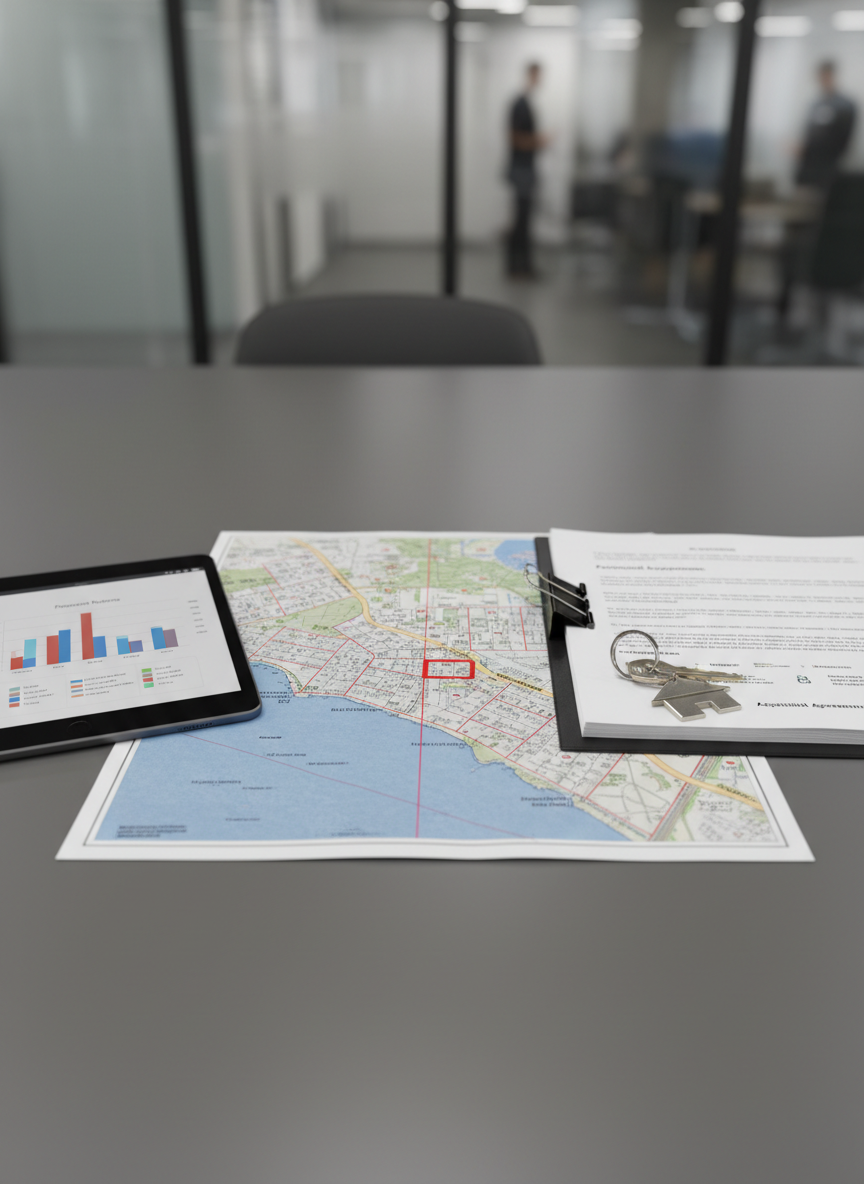 A detailed close-up of a California property investment file laid out on a smooth charcoal-gray table: a printed aerial parcel map with clearly marked lot lines, a stack of neatly clipped documents, a polished metal key ring with a generic house-shaped key fob, and a slim tablet showing a bar graph of projected returns. The background fades into a softly blurred impression of a modern office with glass partitions. Overhead neutral-white lighting creates even illumination with subtle reflections on the tablet screen and metal key. Shot from a slightly elevated top-down angle with shallow depth of field, the composition is orderly and precise. The mood is analytical and professional, in clean photographic realism, ideal for explaining acquisitions and investment property strategy.