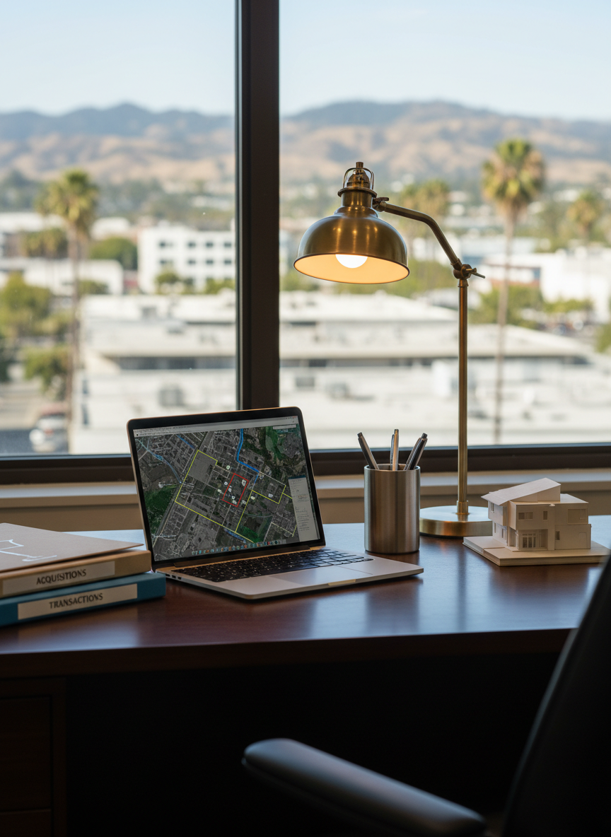 A tidy workspace in a California real estate office, centered around a dark wood desk with a slim, modern laptop displaying a detailed property map, surrounded by neatly stacked folders, a metal pen tray, and a small architectural model of a house in matte white. Beside the desk, a large window reveals a blurred cityscape of mid-rise buildings and distant hills. Soft diffused daylight enters, complemented by a warm desk lamp that casts gentle shadows and metallic highlights. Captured at an eye-level, three-quarter angle with shallow depth of field, the focus is on the desk items symbolizing acquisitions and transactions. The mood is professional, organized, and trustworthy, in a realistic photographic style suited for a licensed real estate professional’s brand.