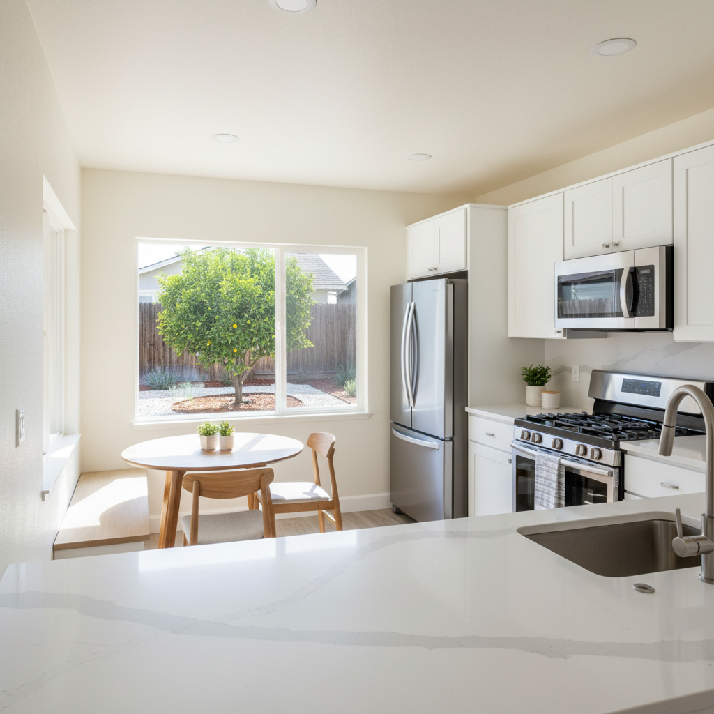 A sunlit kitchen and dining area in a California starter home that has just been prepared for direct sale, featuring freshly painted soft-white walls, quartz countertops, stainless steel appliances, and a simple built-in bench under a large window. Outside the window, a small fenced backyard with a young citrus tree and neat gravel path is visible. Bright natural midday light pours in, creating crisp, clean highlights on the counters and subtle shadows along cabinet edges. Captured from a slightly elevated corner with wide-angle coverage, maintaining straight vertical lines for a professional real estate photography look. The mood is inviting, honest, and practical, designed to reassure homeowners considering selling directly to an investor.