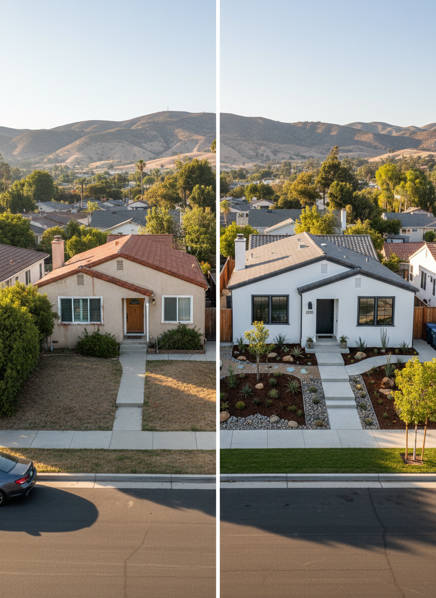 A side-by-side comparison of two neighboring California properties viewed from an elevated, slightly aerial angle: one home in its original, slightly dated condition with older landscaping, and the adjacent property fully renovated with fresh exterior paint, modern black-framed windows, and clean xeriscape design. A clear sidewalk and quiet residential street run in front, with distant hills in the background under a bright, clear sky. Late afternoon sunlight creates defined yet soft shadows, emphasizing differences in curb appeal and investment potential. Photographic realism with sharp focus throughout, framed in a wide composition that feels analytical yet optimistic, ideal for illustrating before-and-after case studies in real estate investing.