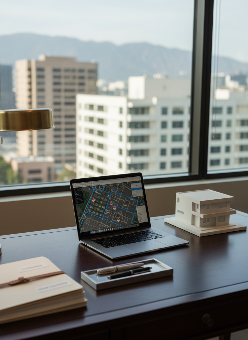 A tidy workspace in a California real estate office, centered around a dark wood desk with a slim, modern laptop displaying a detailed property map, surrounded by neatly stacked folders, a metal pen tray, and a small architectural model of a house in matte white. Beside the desk, a large window reveals a blurred cityscape of mid-rise buildings and distant hills. Soft diffused daylight enters, complemented by a warm desk lamp that casts gentle shadows and metallic highlights. Captured at an eye-level, three-quarter angle with shallow depth of field, the focus is on the desk items symbolizing acquisitions and transactions. The mood is professional, organized, and trustworthy, in a realistic photographic style suited for a licensed real estate professional’s brand.