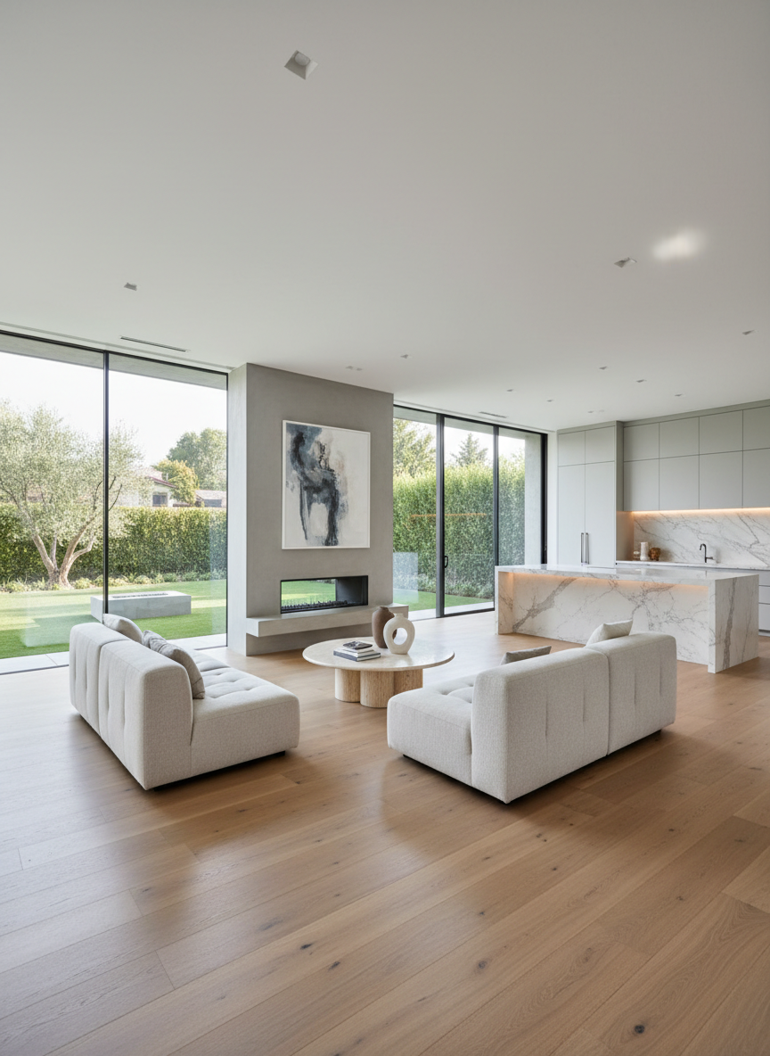 An elegant open-concept living room in a high-value California investment property, featuring wide-plank light oak floors, a sleek built-in gas fireplace with a smooth concrete surround, and expansive sliding glass doors opening to a manicured backyard. A marble waterfall island and minimalist cabinetry from the adjacent kitchen are visible in the background. Soft afternoon natural light floods the space, creating subtle reflections on the floors and surfaces. Shot from a slightly elevated corner, with sharp focus throughout to showcase layout and finishes. The atmosphere is calm, professional, and aspirational, emphasizing move-in-ready quality ideal for investors and discerning home sellers. Photographic realism with a clean, modern aesthetic.